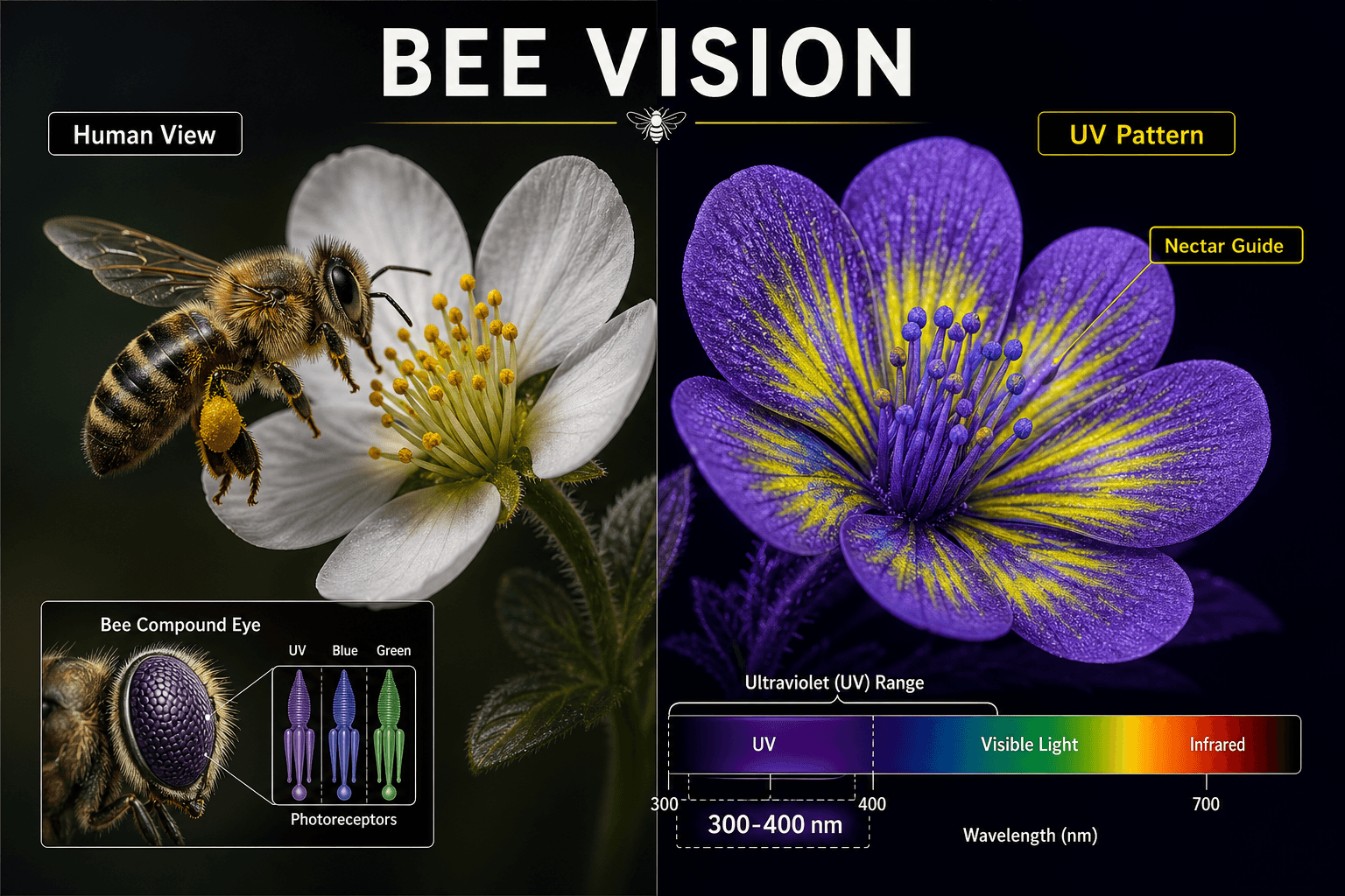 Generated bee vision scientific infographic with readable labels and color scale