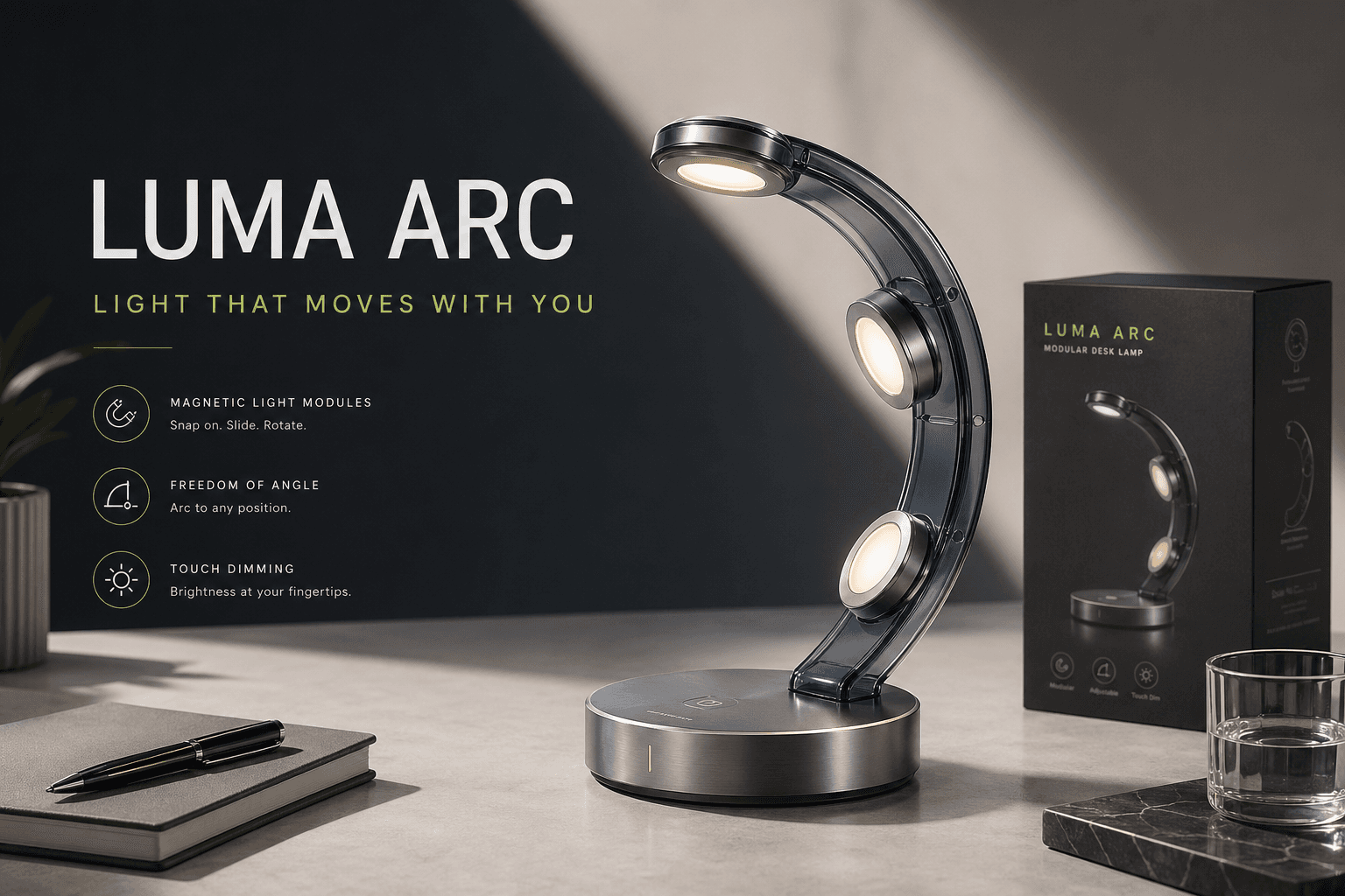 Generated desk lamp product advertisement with packaging and readable launch copy
