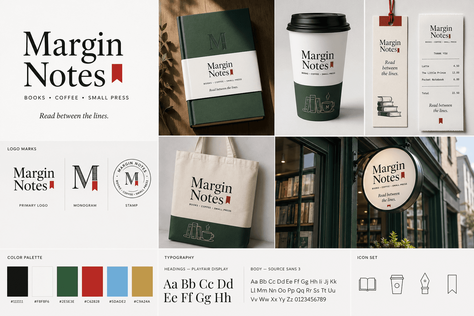 Generated stationery brand kit with packaging, logo, typography, and color swatches