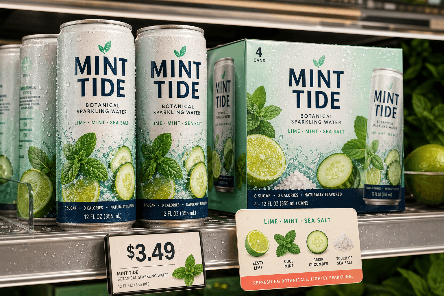 Generated sparkling drink cans on a retail shelf with readable packaging