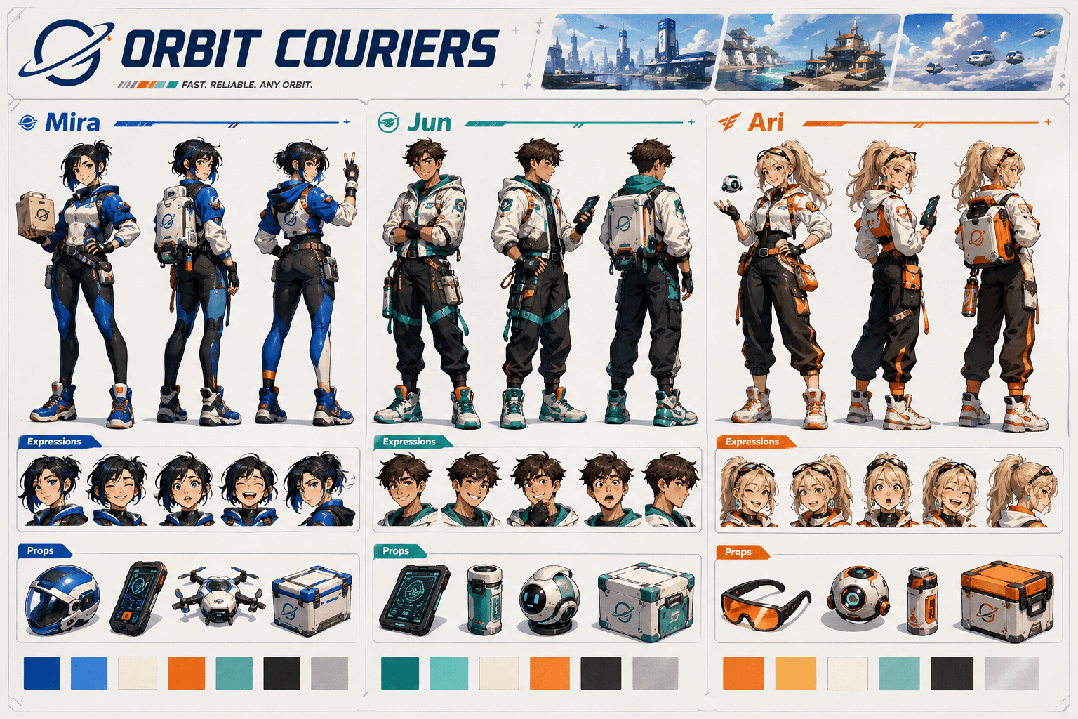 Generated character reference sheet for fictional courier team