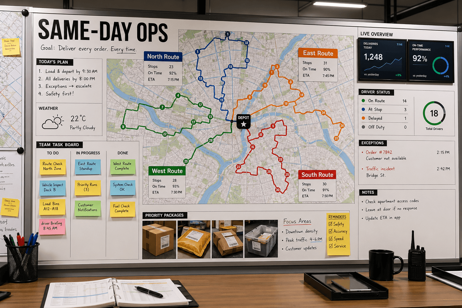 Generated logistics operations board with maps, notes, and dashboard details